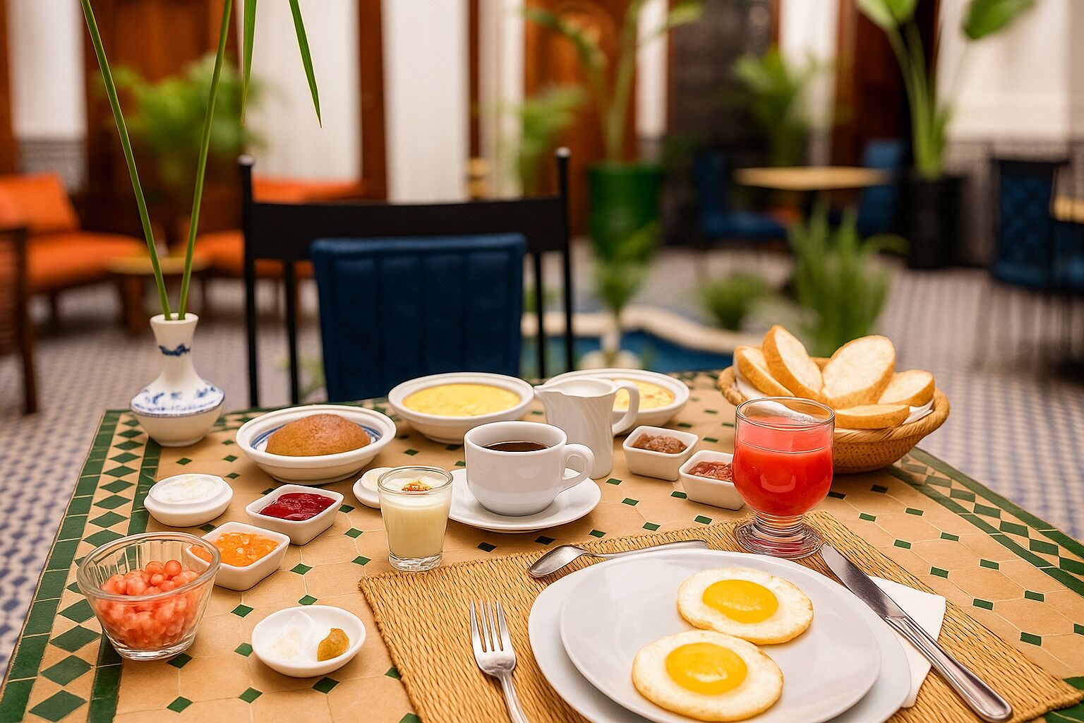 Mesa posta para o pequeno-almoço, com vários pratos, incluindo ovos, pão e bebidas, sobre uma toalha de mesa estampada.