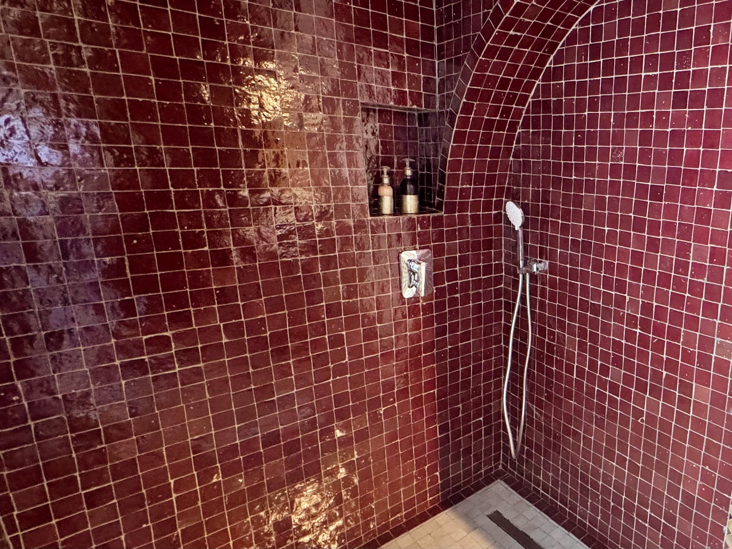 A bathroom with red-tiled walls, a shower area, and a shelf with toiletries.