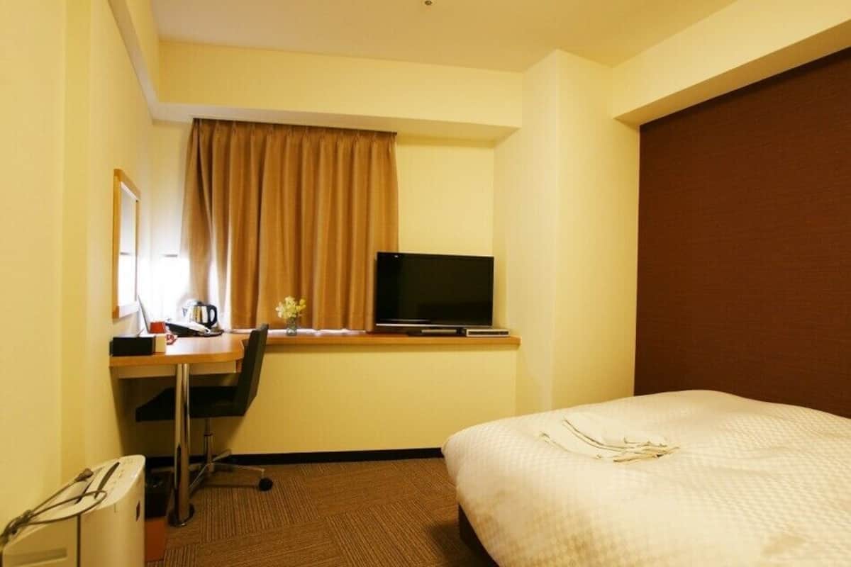 A hotel room with a bed, a desk with a television, a chair, and a small table with a cup and flowers.