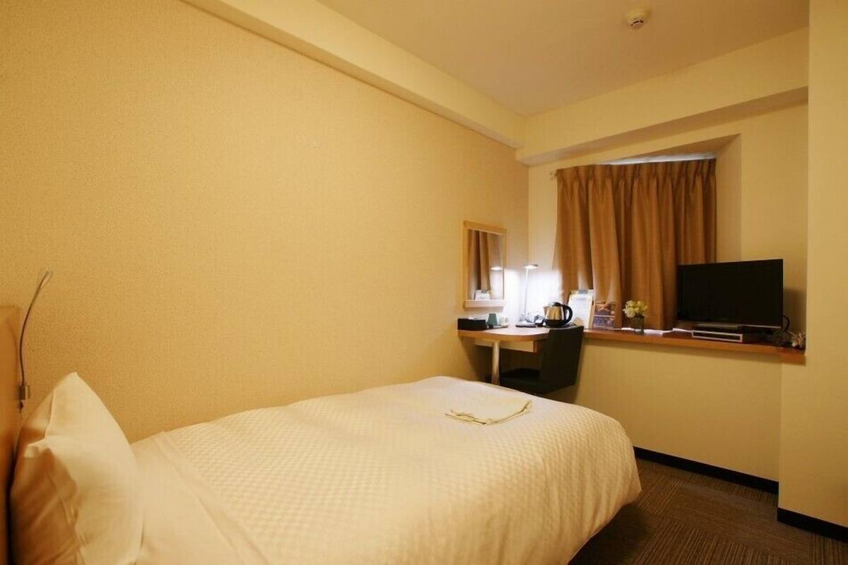 A hotel room with a bed, a desk, a television, and a window with curtains.
