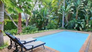 Alberca al aire libre y camastros