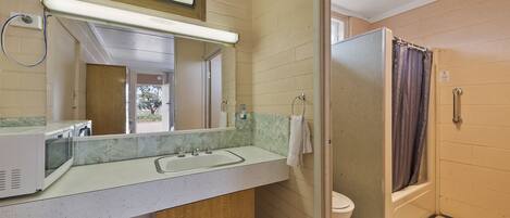 A bathroom with a shower, toilet, and a sink with a mirror.