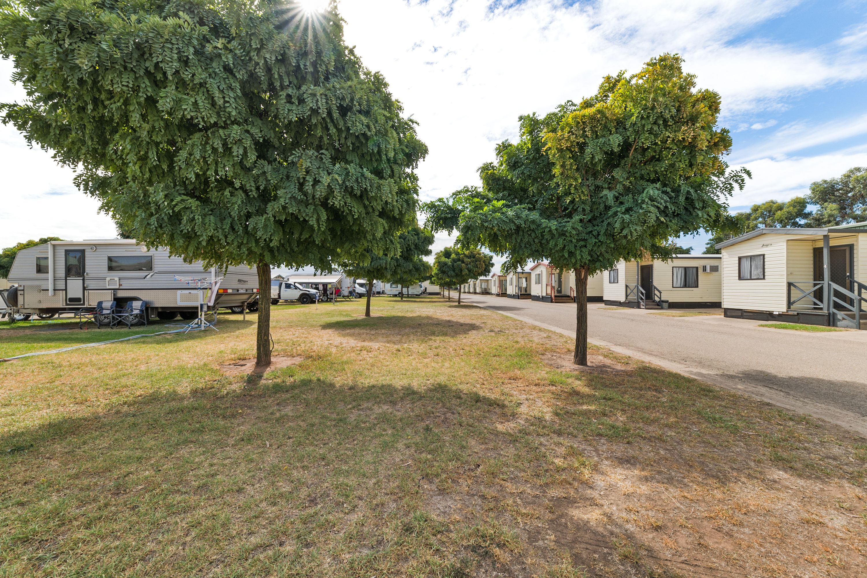 A row of mobile homes with a grassy area and trees in the foreground.