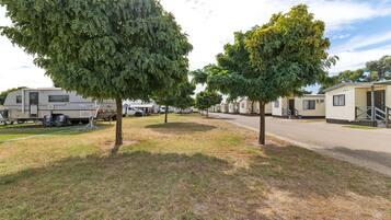 A row of mobile homes with a grassy area and trees in the foreground.
