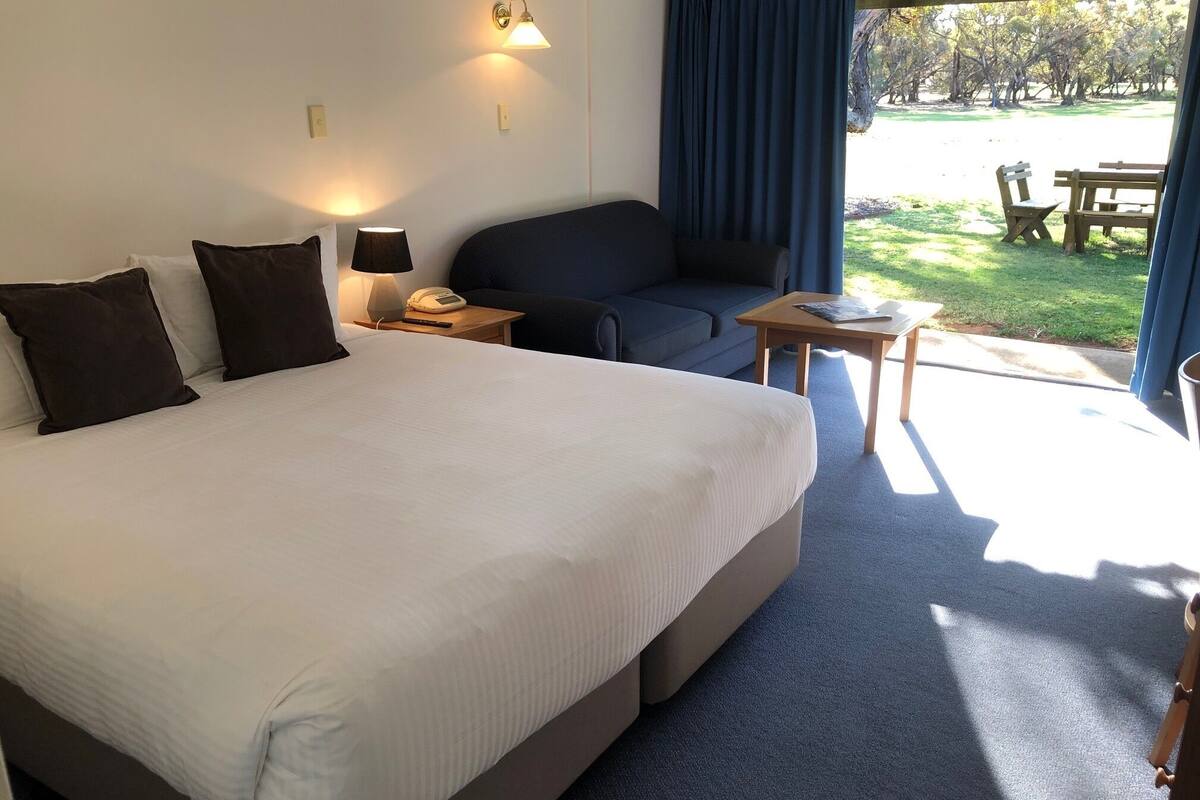 A hotel room with a large bed, a sofa, a small table, and a view of a park.