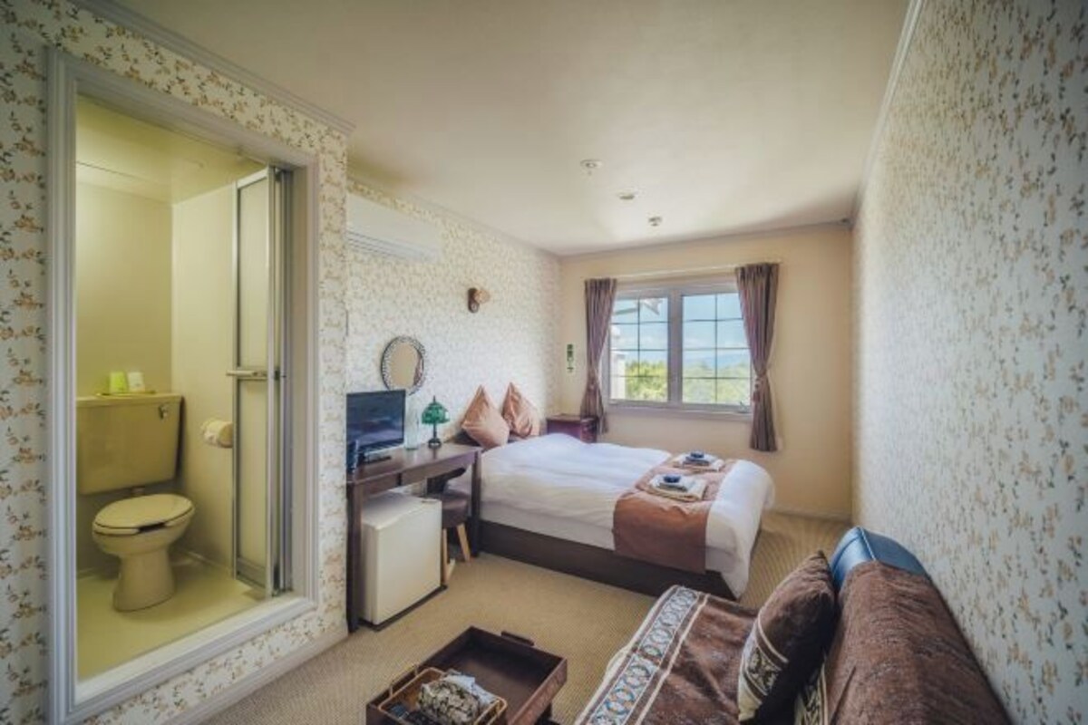 Una habitación de hotel con cama, escritorio, televisor y baño completo.
