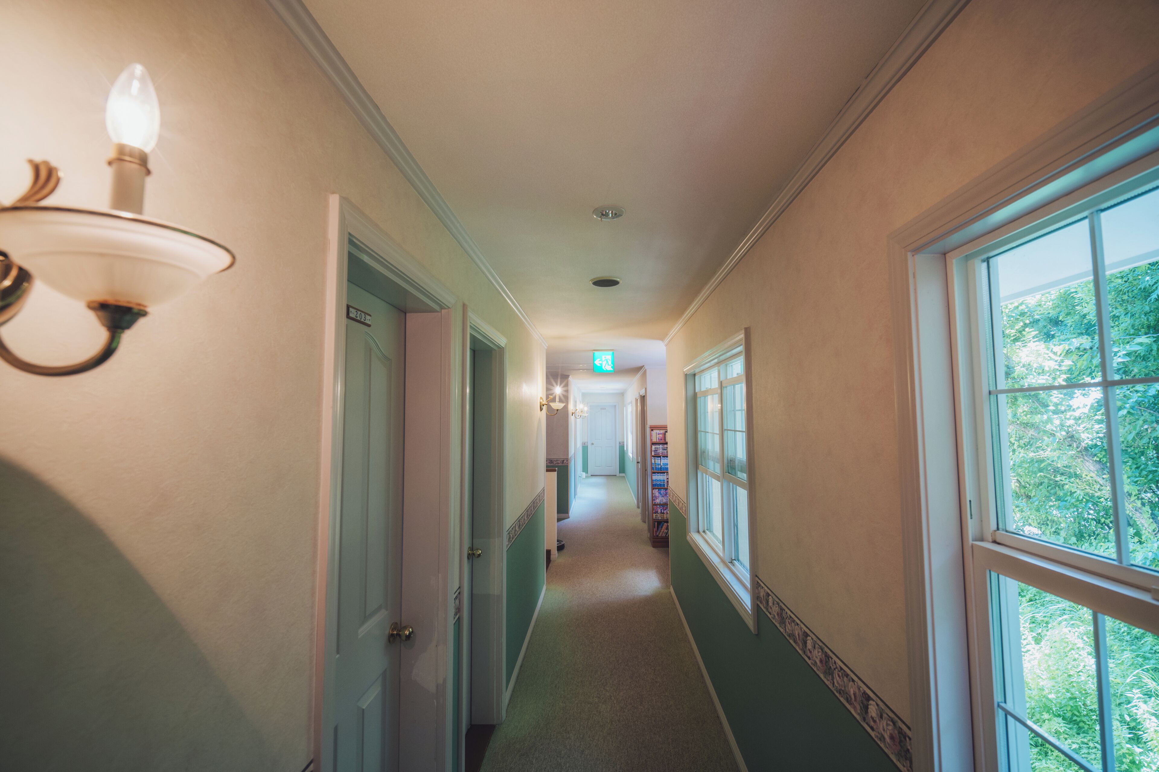 A hallway with a light fixture, a door, and a window.