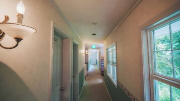 A hallway with a light fixture, a door, and a window.