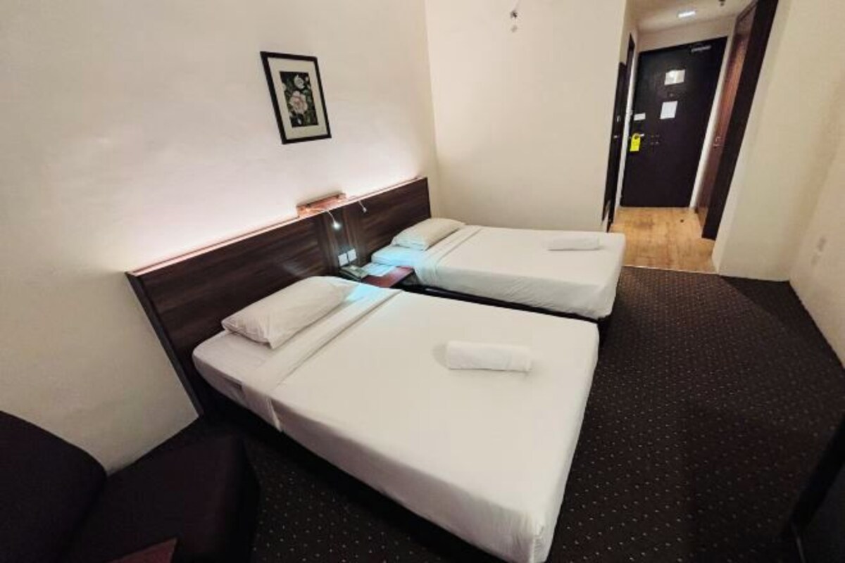 Quarto de hotel com duas camas de solteiro, um tapete marrom escuro, um quadro na parede e uma porta ao fundo.