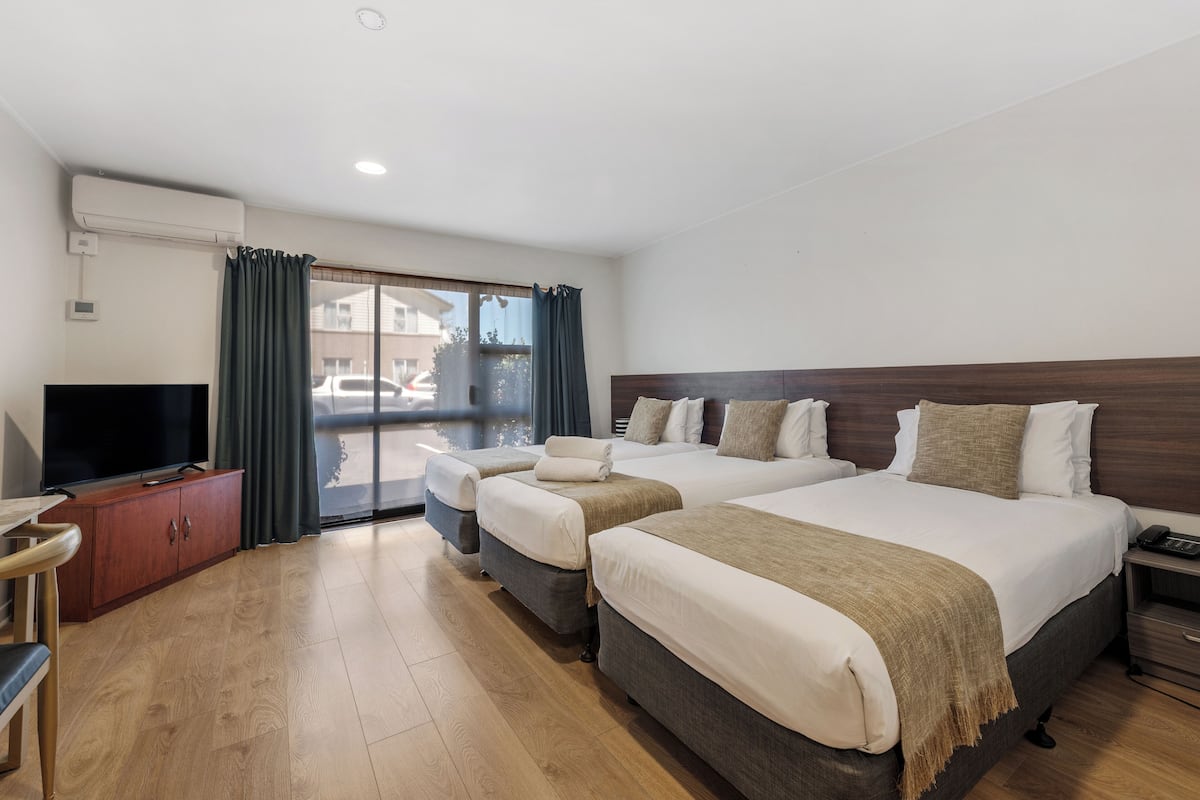 Una habitación de hotel con una cama grande, otra más pequeña, un televisor y un escritorio.