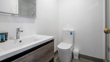 A modern bathroom with a white sink, a mirror, a toilet, and a trash bin.