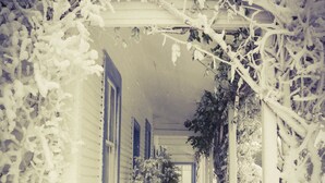 A snow-covered porch with a wooden railing and potted plants. - Tongariro Crossing Lodge (National Park Village)