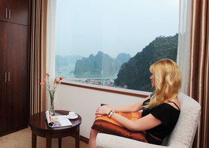 Minibar, brankas, meja kerja, dan tirai kedap cahaya