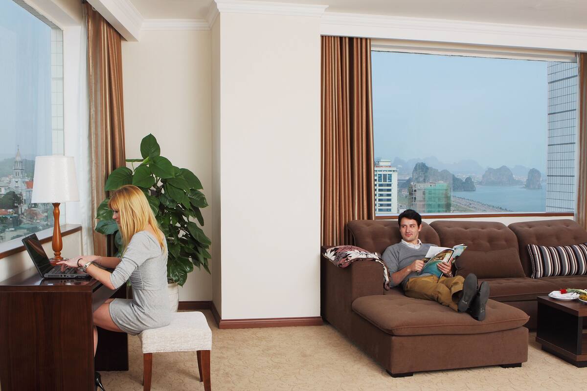 A living room with a large window, a sofa, a desk with a laptop, and a potted plant.