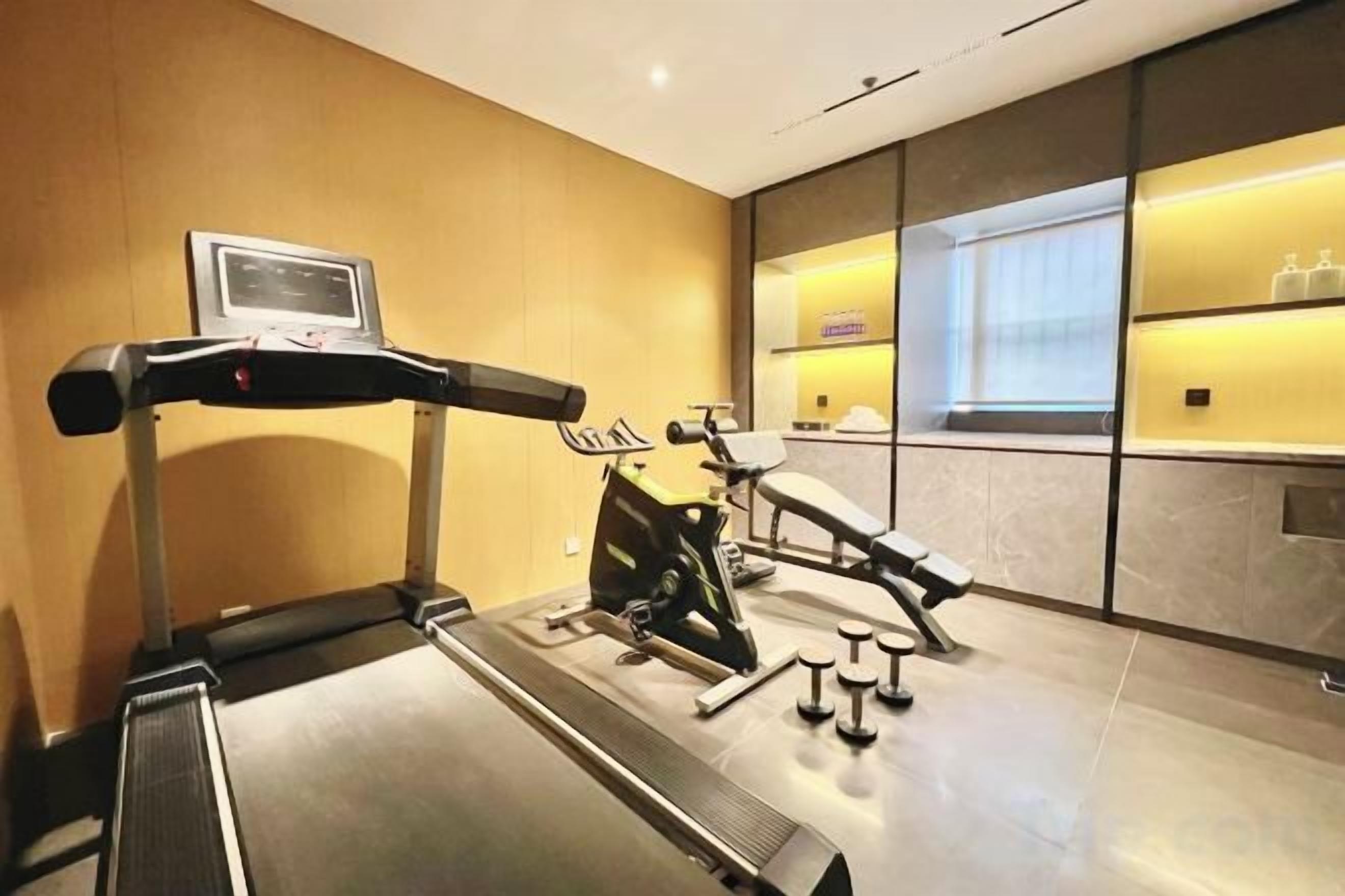 A hotel gym with a treadmill, stationary bike, and weights.