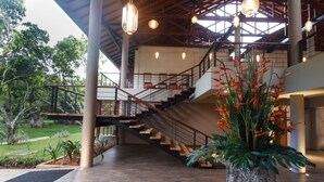 Un espacio interior amplio con piso de madera, una escalera y una planta grande en maceta con follaje tropical.