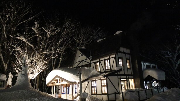 A traditional building with a sloped roof, surrounded by snow-covered trees. - Hakuba House (Hakuba)