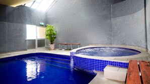 An indoor swimming pool with a hot tub, a bench, and a potted plant. - Arlberg Hotham (Hotham Heights)