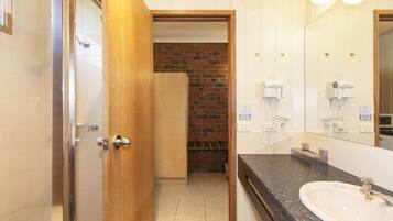 A bathroom with a shower, a sink, and a mirror.