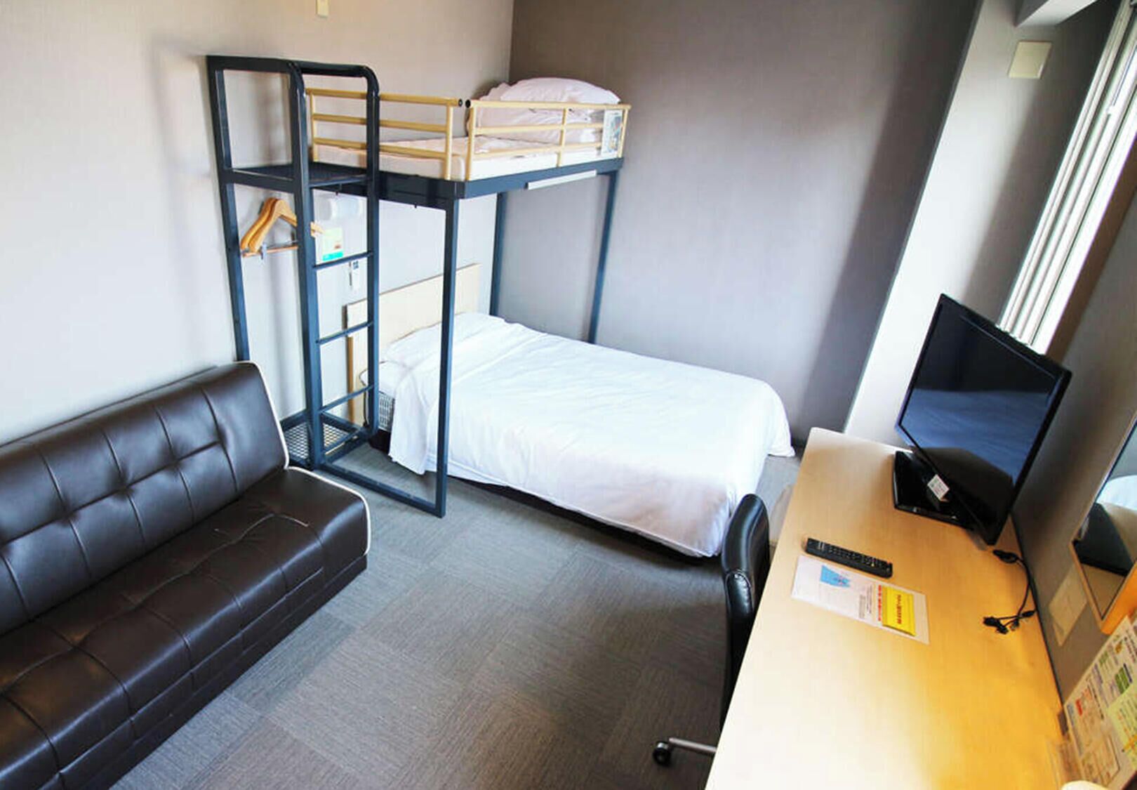 Desk, blackout curtains, soundproofing, iron/ironing board