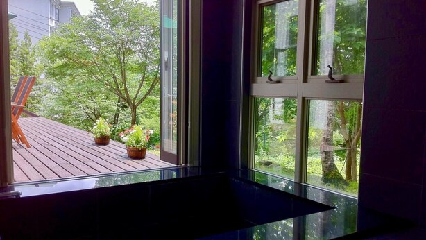 Una habitación con un ventanal grande que da a un jardín con plantas en macetas y una terraza de madera.