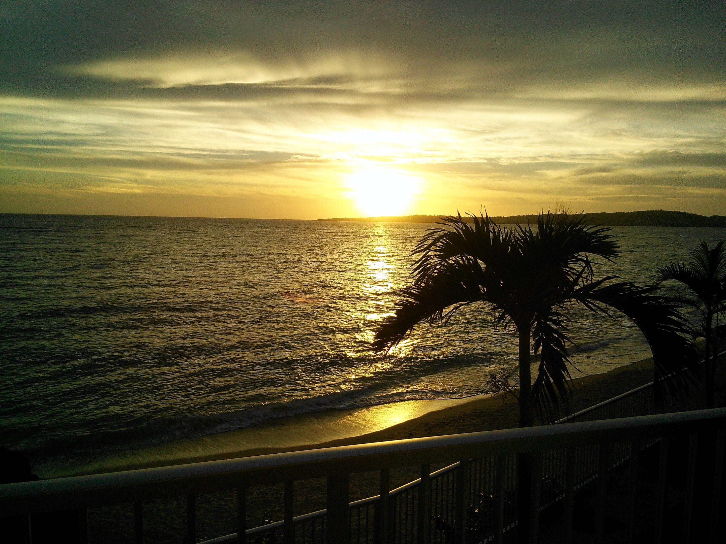 Ein Sonnenuntergang über dem Meer mit Strand und Palmen im Vordergrund.