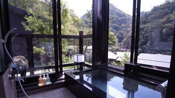 Un baño moderno con bañera de hidromasaje con cerramiento de vidrio, ventanas amplias y vistas a un paisaje montañoso.