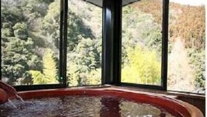 Una habitación con un ventanal grande, una bañera de madera y vistas a árboles desde afuera.