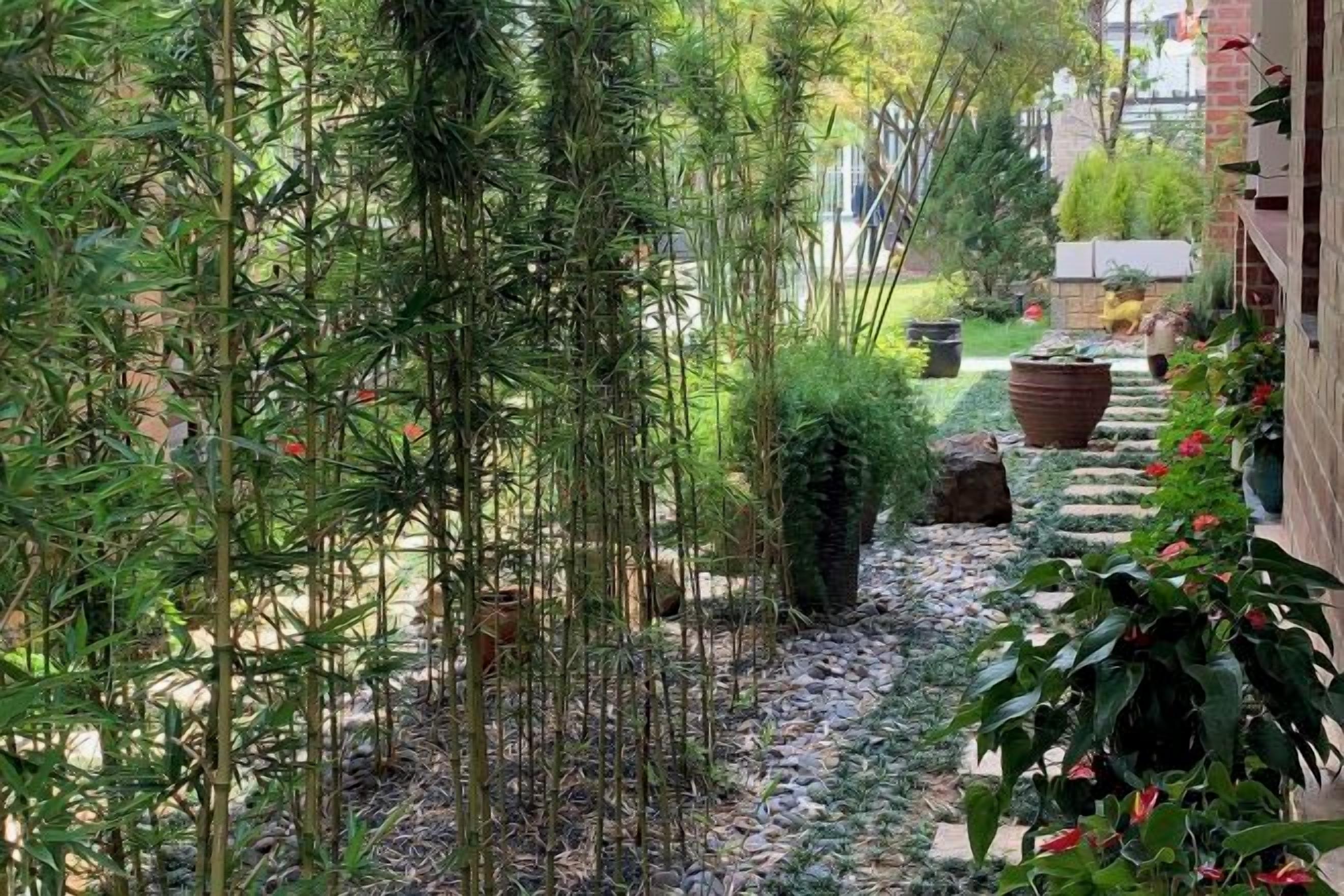 Ein Gartenpfad mit Pflanzen und einer Backsteinmauer.