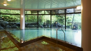 Una amplia piscina cubierta con agua cristalina, rodeada de grandes ventanales que ofrecen vistas a un entorno natural con rocas y vegetación.