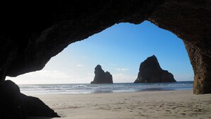 A beach with a natural rock arch formation. - Adrift In Golden Bay (Parapara)