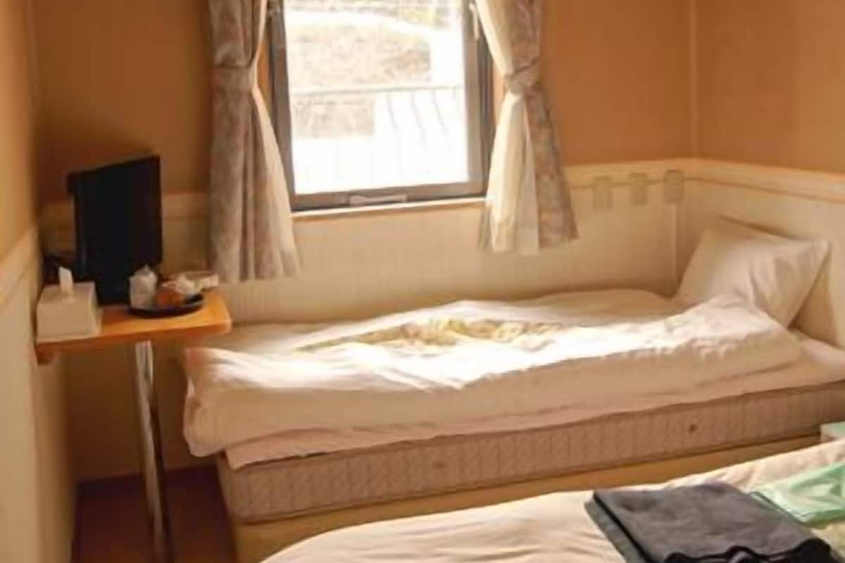 A small hotel room with a single bed, a desk with a chair, and a window with curtains.