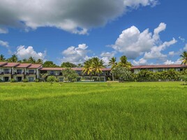 A hotel with multiple buildings, a large grassy field in the foreground, and palm trees.