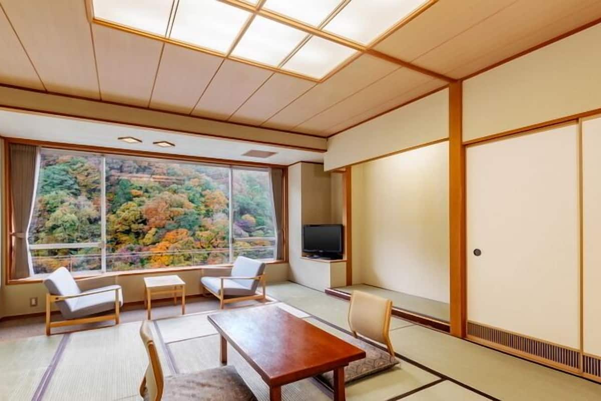 A traditional Japanese room with tatami flooring, a low table, two chairs, a television, and a sliding door.