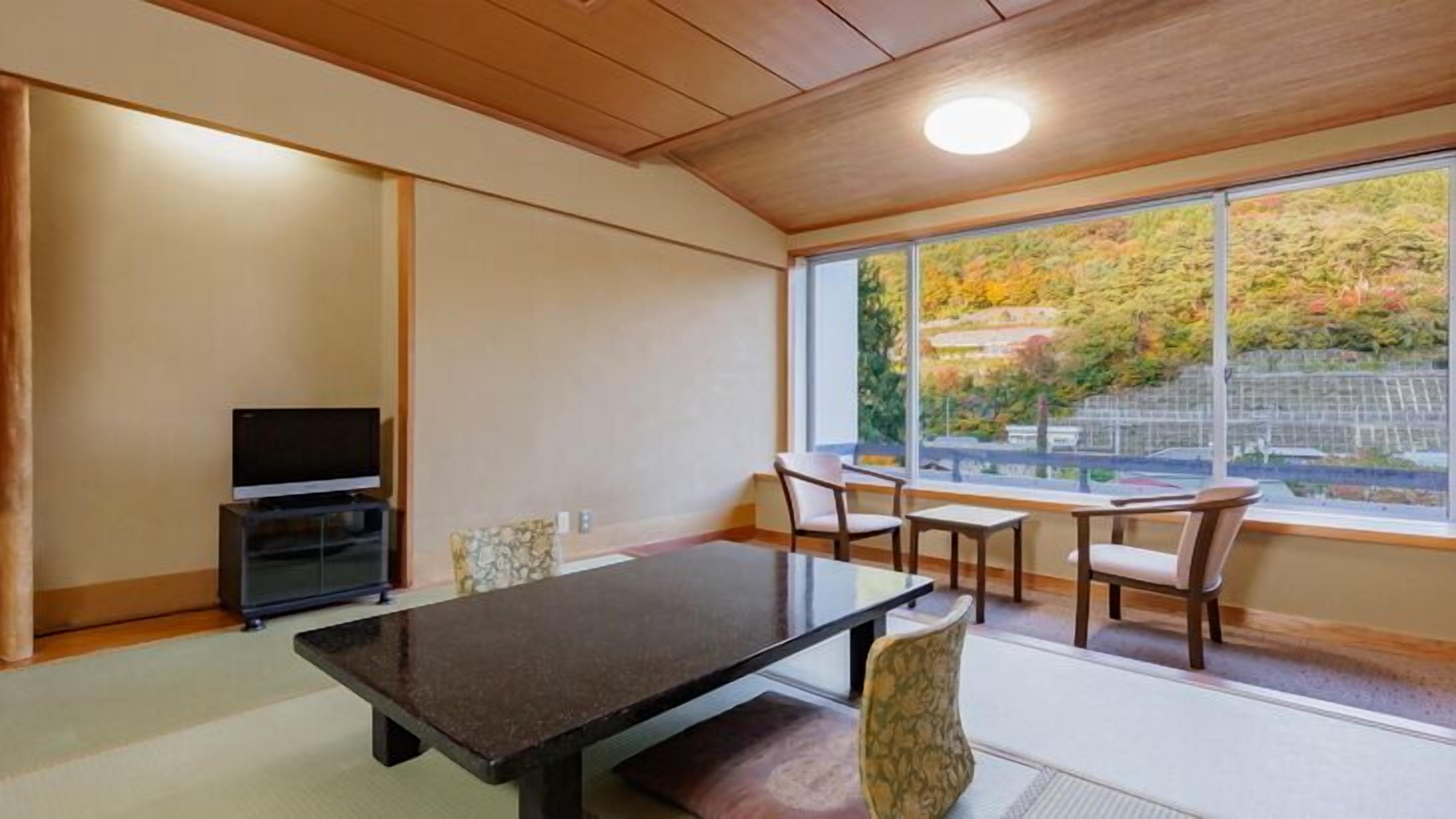 A room with a TV, a table, and chairs, a window with a view of trees.