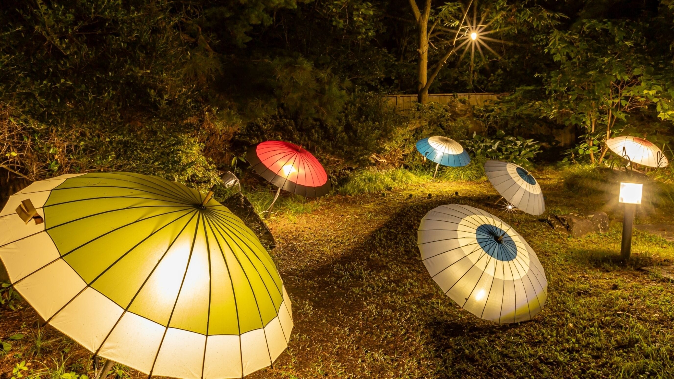 A nighttime scene with multiple umbrellas illuminated by artificial lighting, set in a garden or park area with trees and a stone wall in the background.