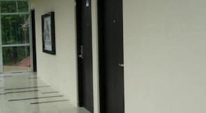 A hallway with doors and a framed picture on the wall.