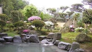 A tranquil garden with a pond, rocks, and various plants. - Unzen Sky (UNZEN)