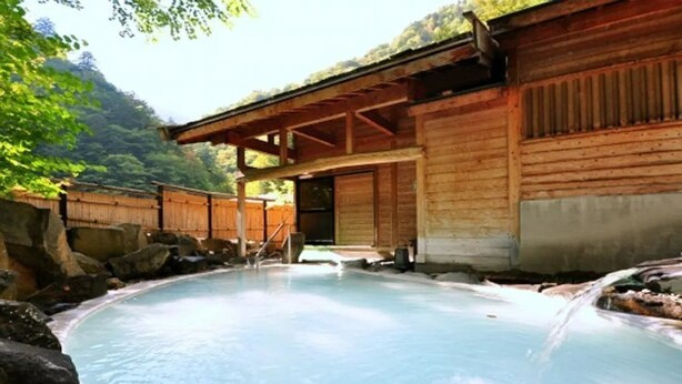 A traditional wooden building with a stone pathway leading to a hot spring pool. - Yumoto Saito Ryokan (Matsumoto)