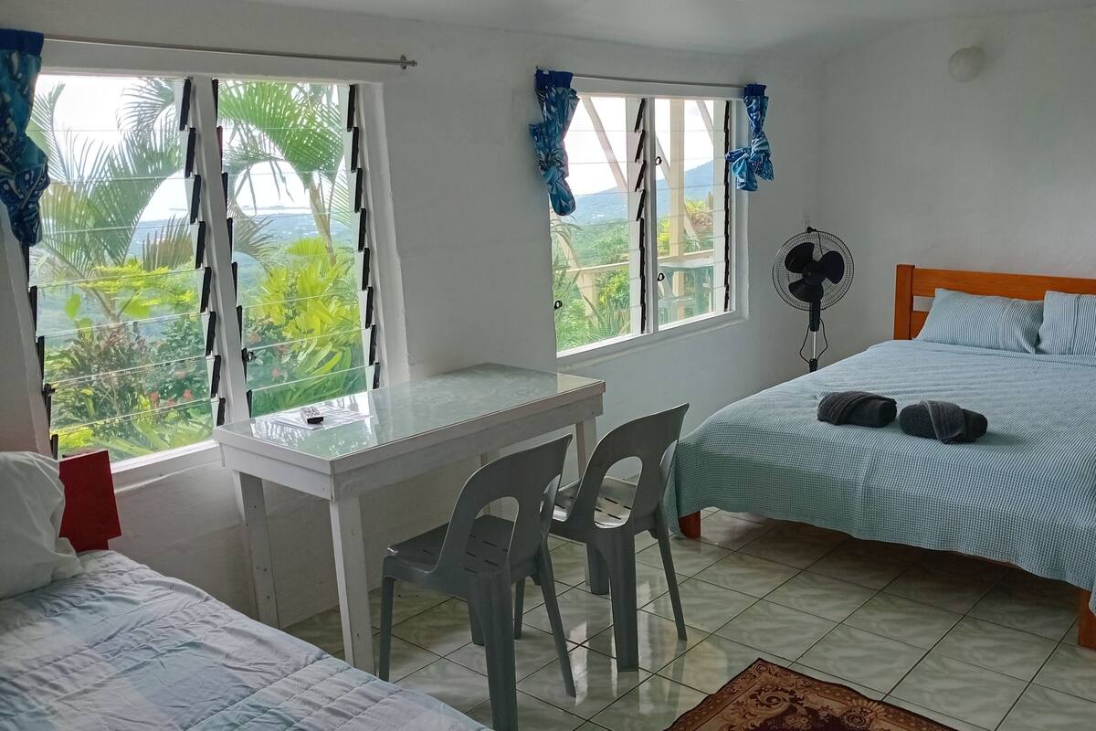 A bedroom with a bed, a desk, and two chairs. There are windows with curtains, a fan, and a view of greenery outside.