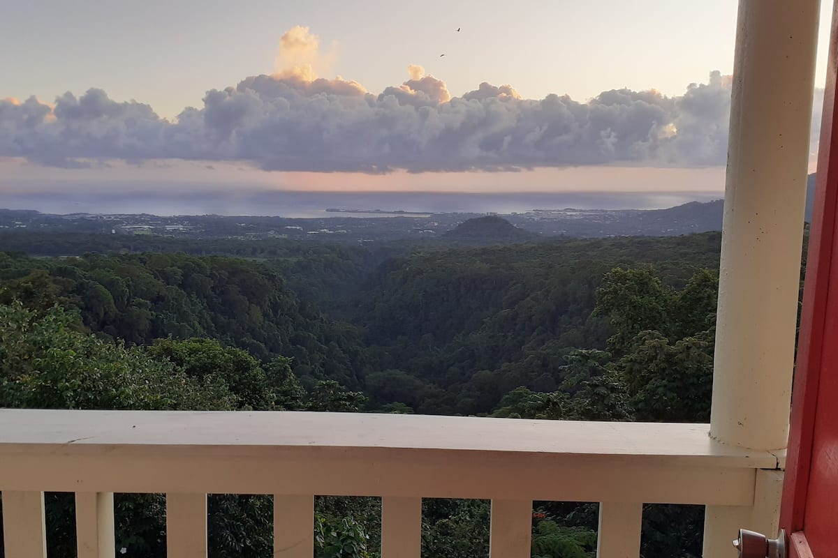 A balcony with a view of a lush valley and distant cityscape.