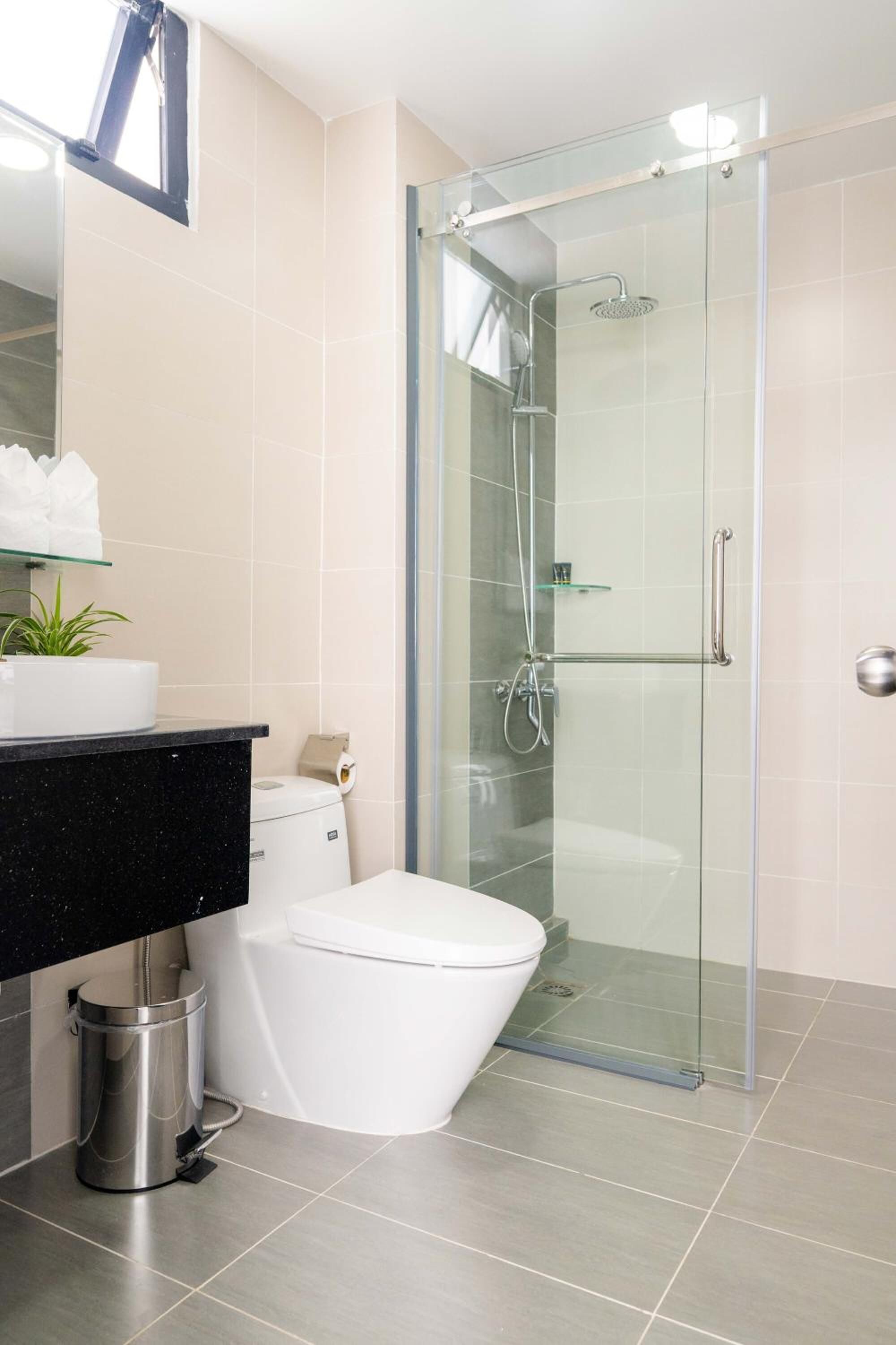 A modern bathroom with a glass-enclosed shower, a white toilet, and a black countertop with a plant.
