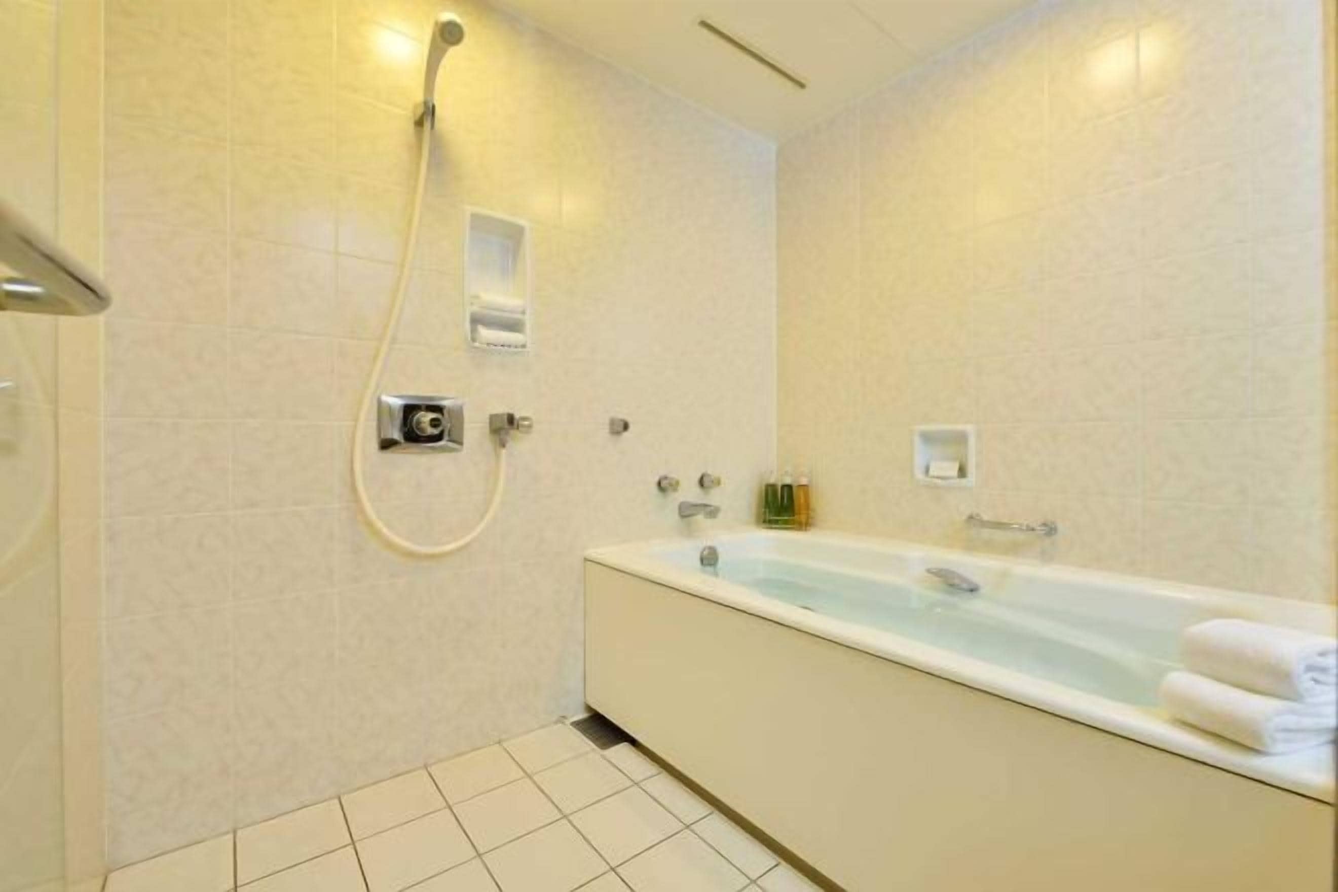 Combined shower/tub, deep soaking tub, free toiletries, hair dryer
