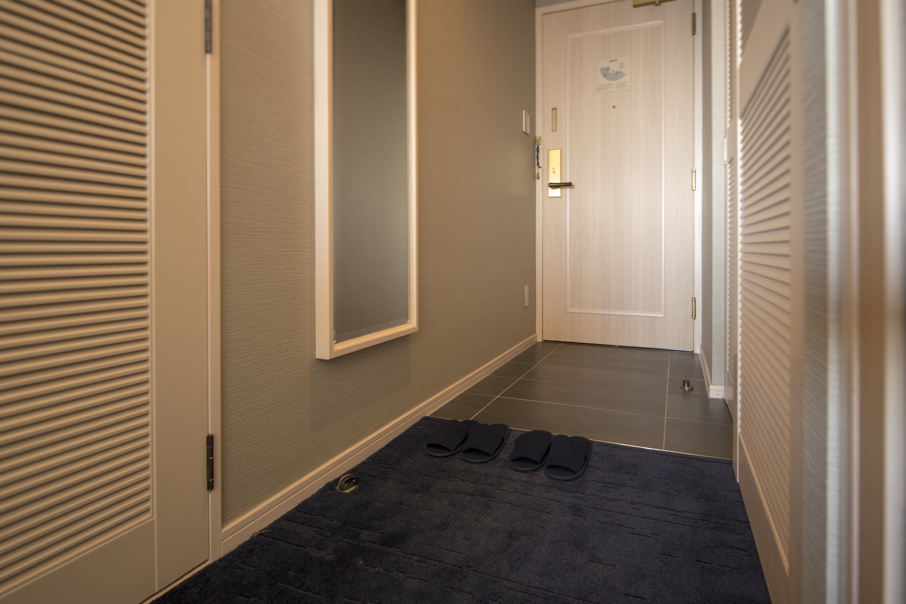 A hallway with a dark carpet, a pair of slippers, a door with a light switch, and a wall-mounted mirror.