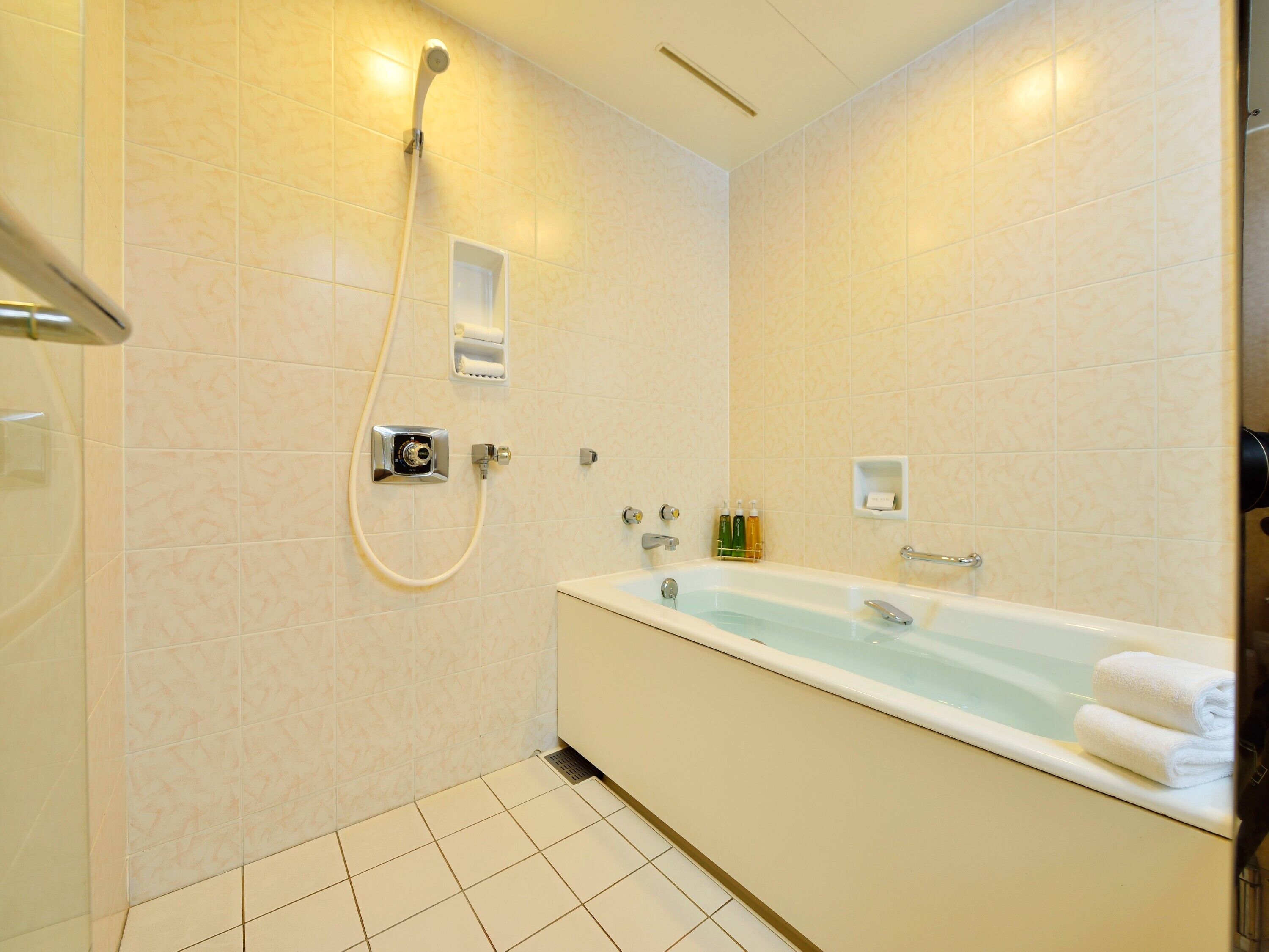 combined shower/bathtub, deep-soaking bathtub, free toiletries