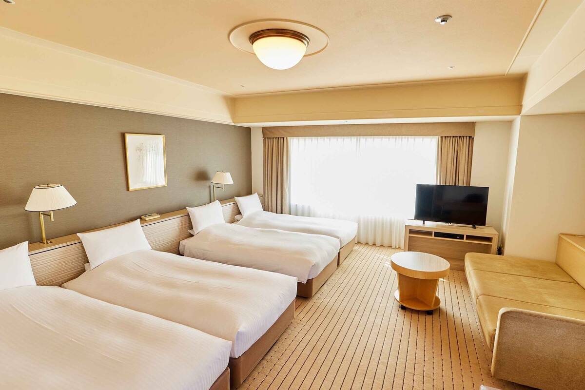 Habitación de hotel con dos camas, televisión, sofá y una mesita.