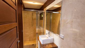 A modern bathroom with a glass-enclosed shower, a wooden vanity, and a large mirror.