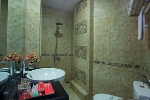 Une salle de bain équipée d’un lavabo, d’un miroir, d’une douche et de toilettes.