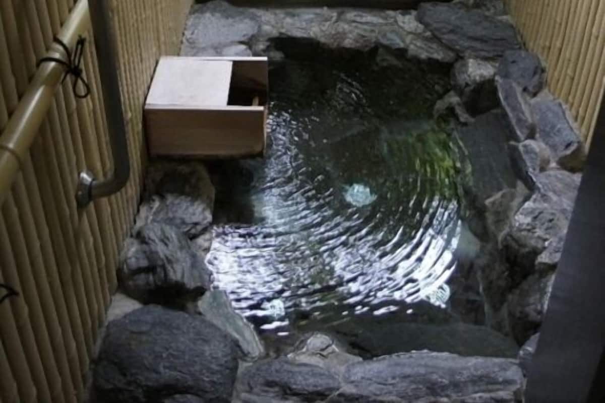 A narrow water feature with a wooden box on the left, surrounded by bamboo and rocks.