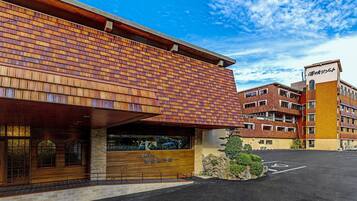 A hotel with a modern brick facade, a covered entrance, and a parking lot.